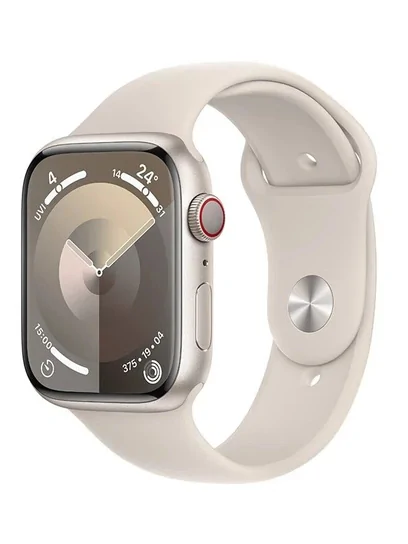A cream smartwatch with a matching silicone strap, shown at an angle on white
